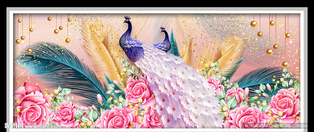 唯美孔雀牡丹轻奢羽毛装饰画