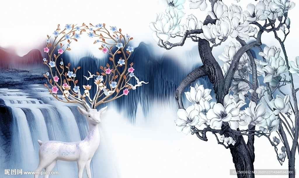 梅花鹿山水电视背景墙