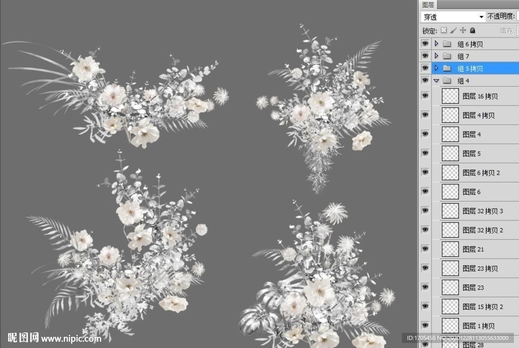 银白色手绘花艺