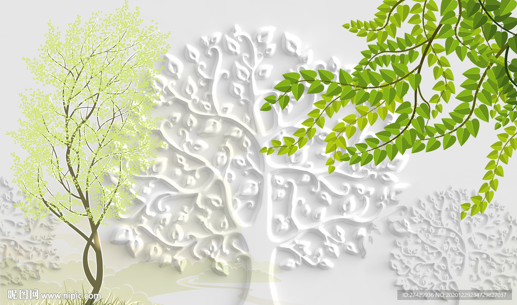 绿树枝叶浮雕背景立体背景墙