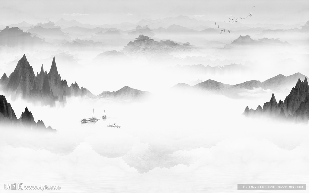 中式高清灰色山水 TIF分层