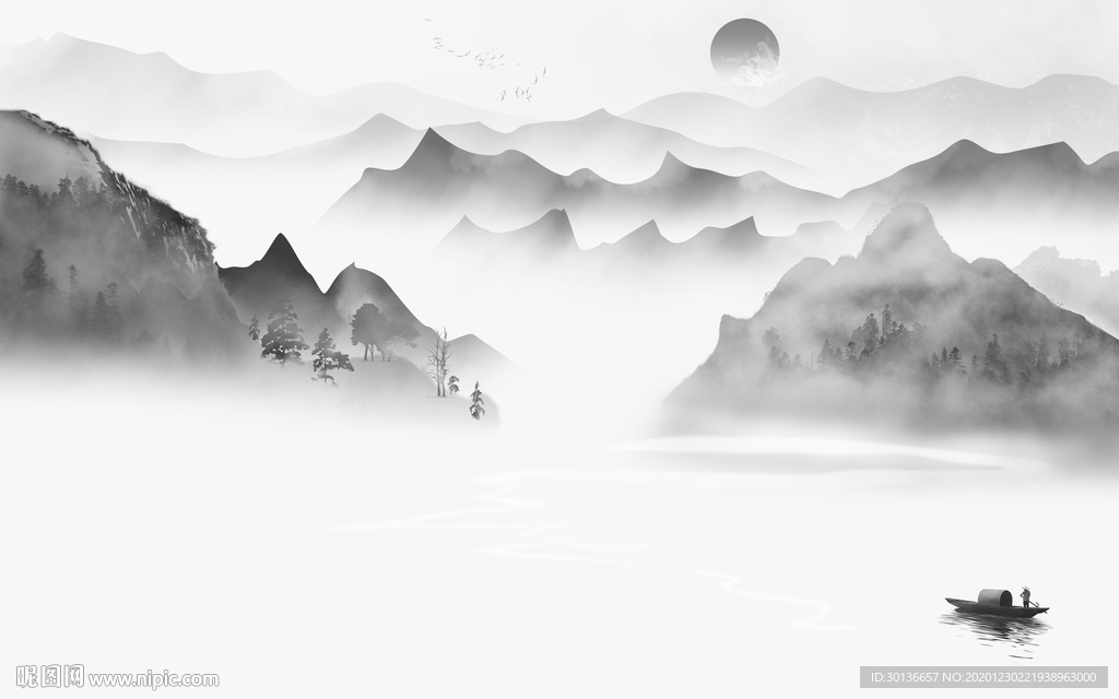 爆款 中式灰色山水 TIF分层