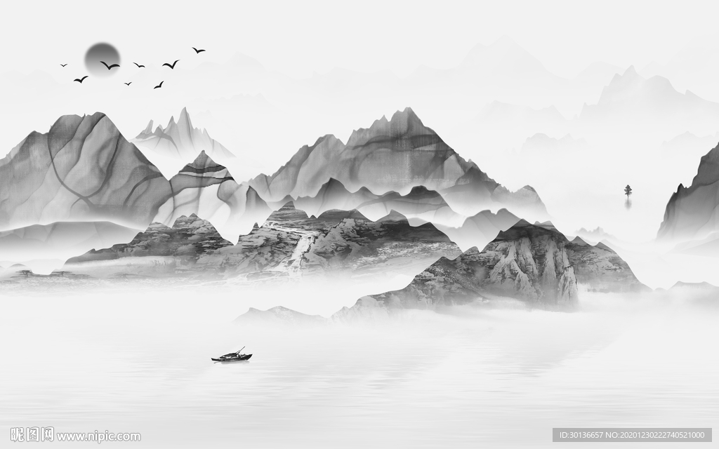 中国风中式灰色山水 TIF分层