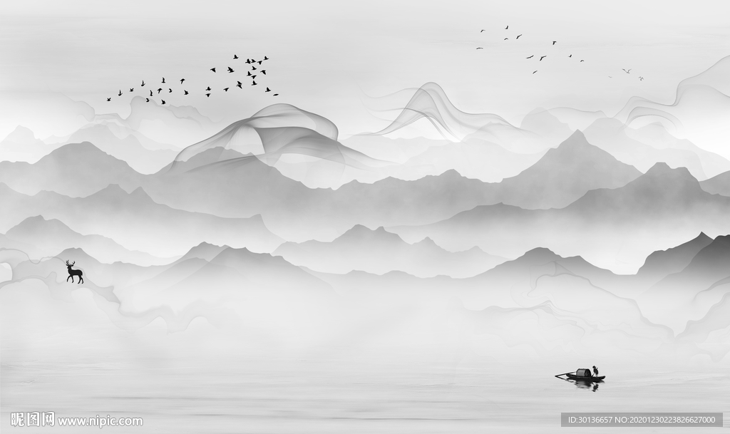 新中式灰色山水 TIF分层