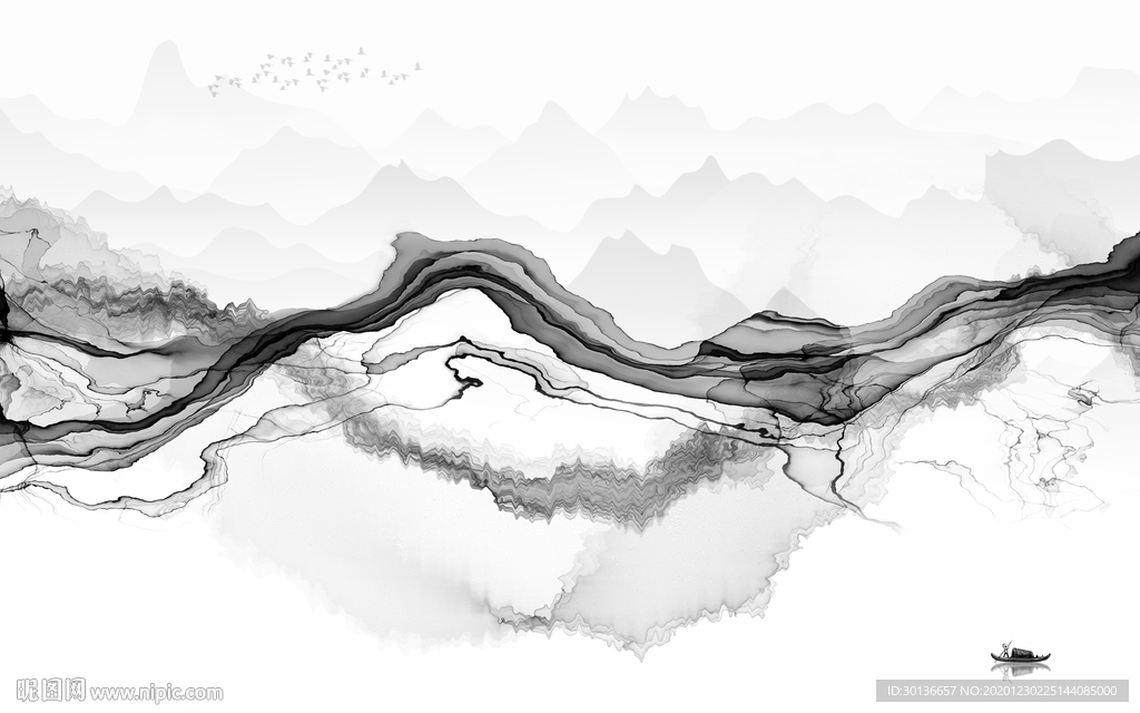 线条中式灰色山水 TIF分层