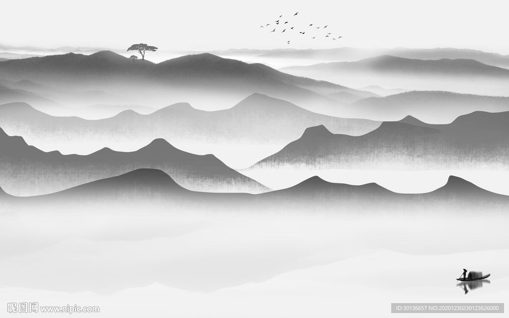 灰色高清中式山水 TIF分层