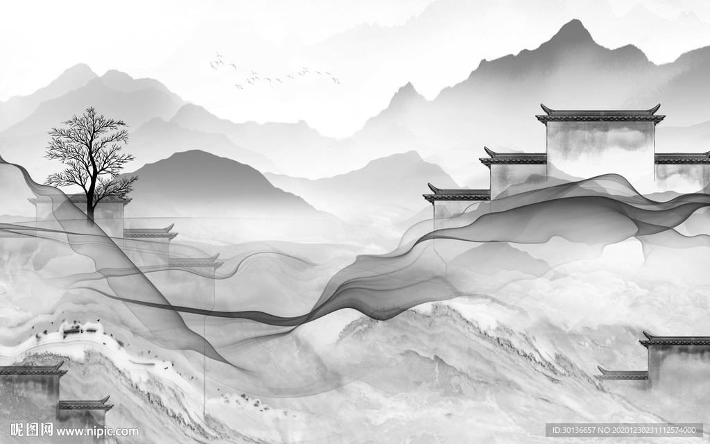 徽派灰色中式山水 TIF分层