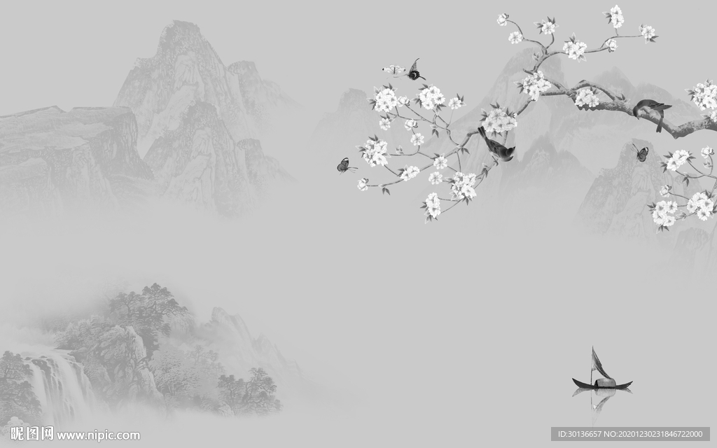 最新灰色中式山水 TIF分层