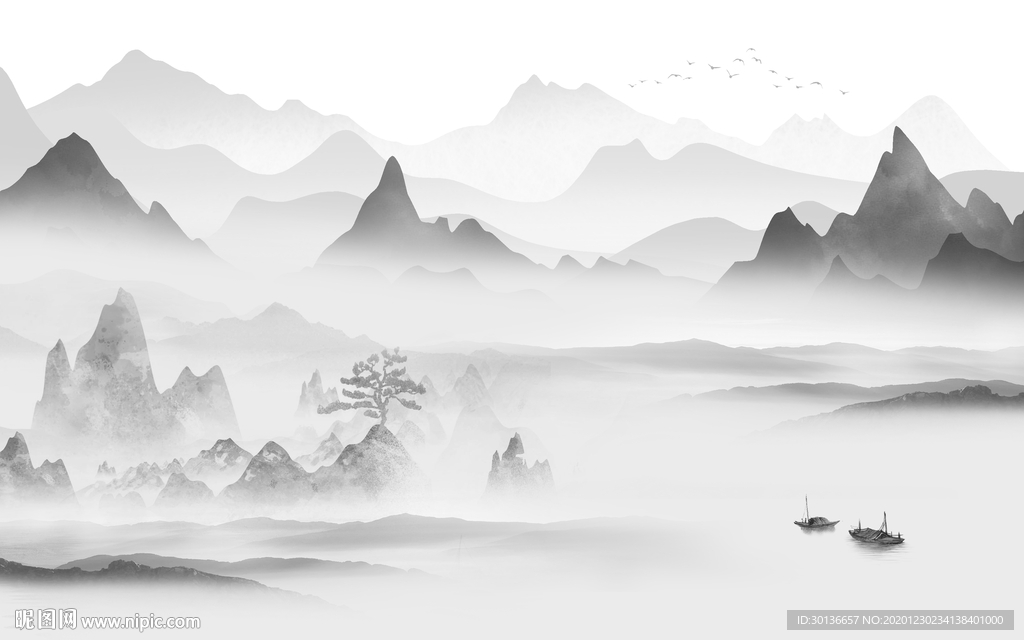 新中式灰色中式山水 TIF分层