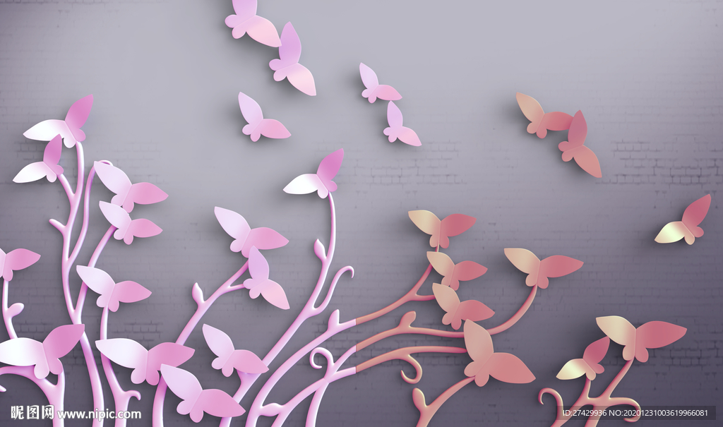 蝴蝶花藤梦幻抽象北欧立体背景墙
