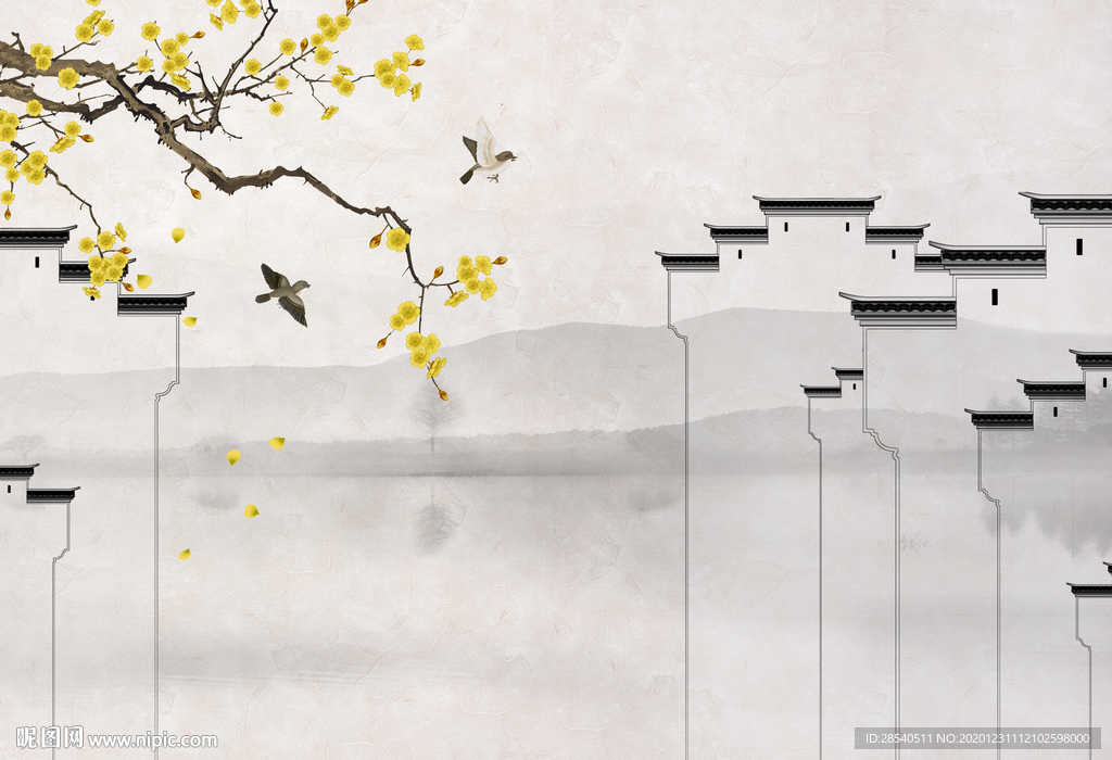 新中式水墨江南马头墙背景装饰画