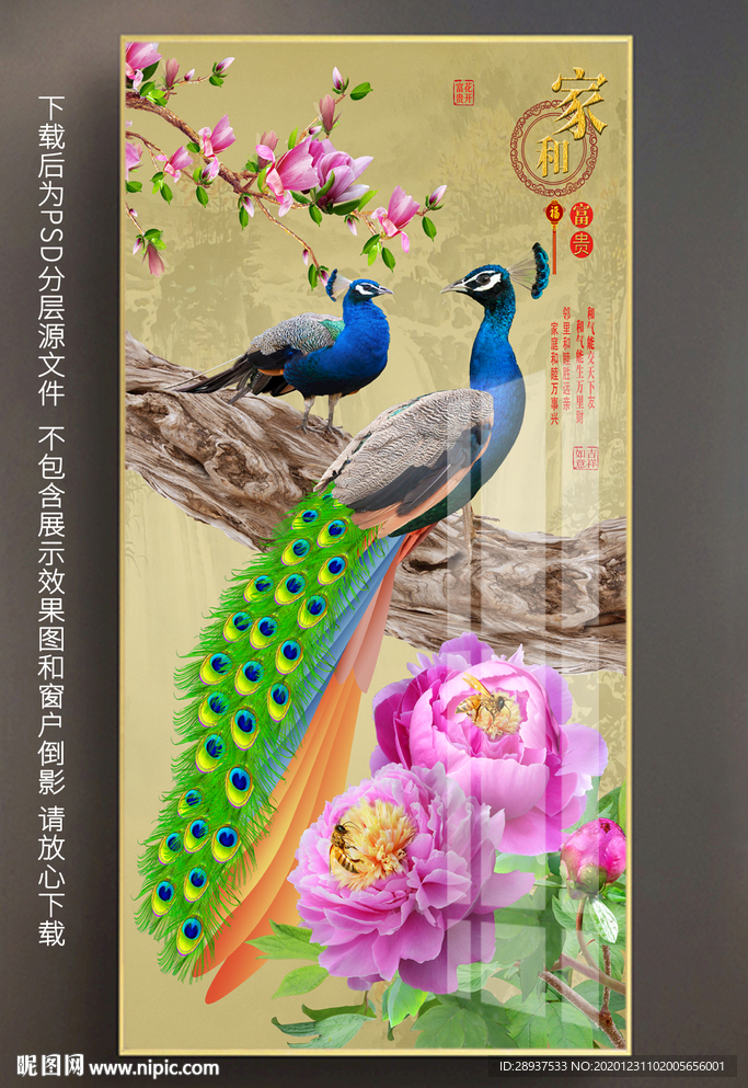 原创玄关高清孔雀牡丹装饰画
