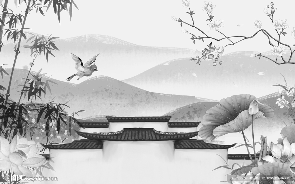 高清 灰色中式山水 TIF分层