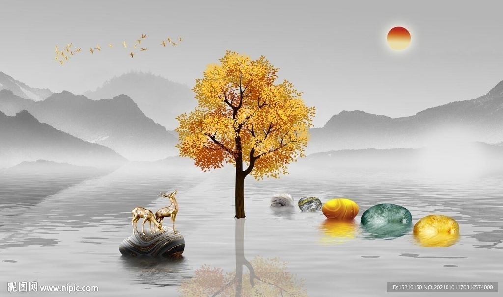 水墨山水发财树玄关背景墙