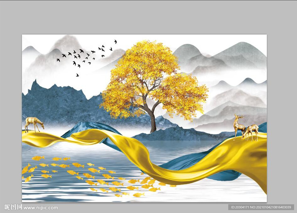 发财树烟雾金色麋鹿山水