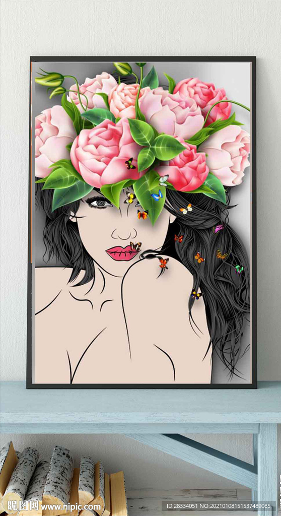 现代轻奢红玫瑰美女少女装饰画