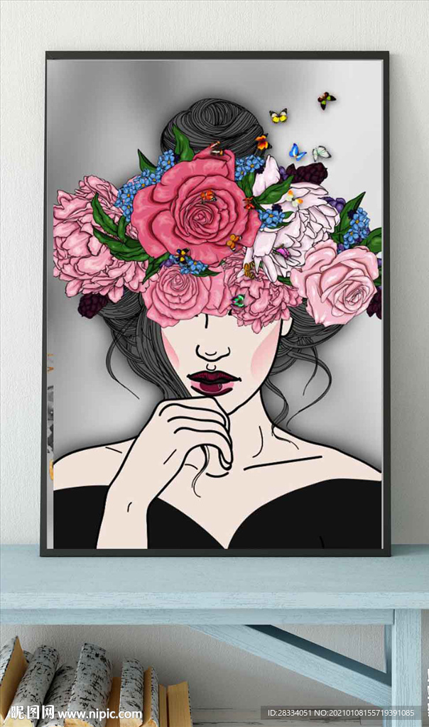 现代轻奢红玫瑰美女少女装饰画