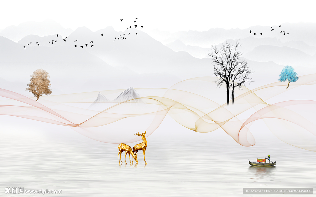 麋鹿现代新山水画 TIF分层