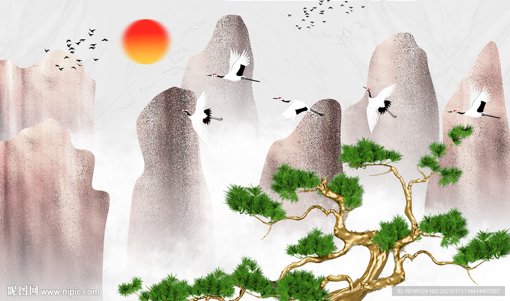 新中式山水迎客松电视背景墙