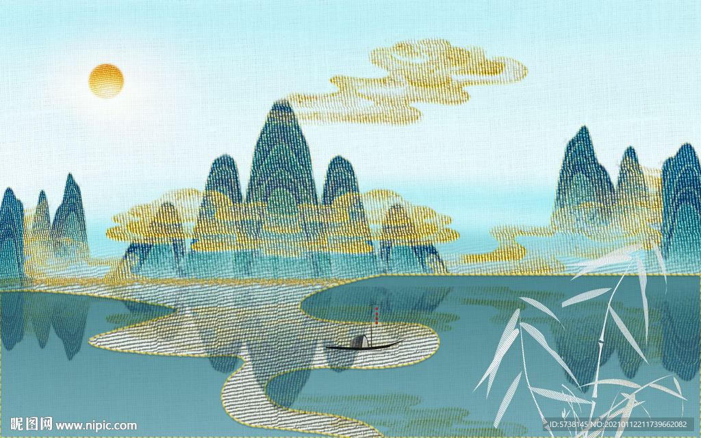 中式布纹创意山水玄关电视背景墙