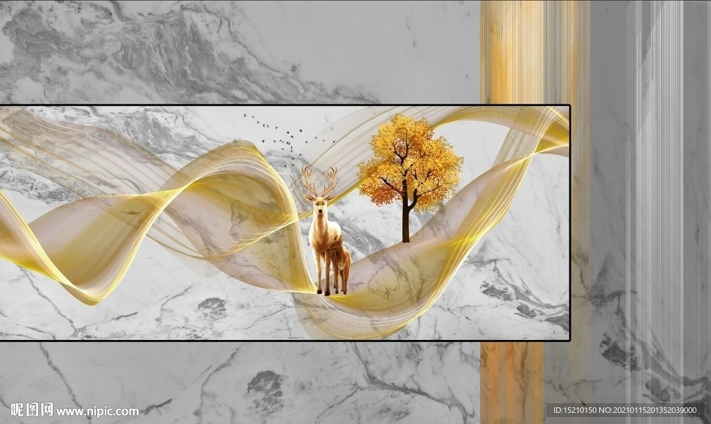 金色线条发财树电视背景墙