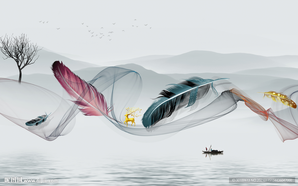 高档 背景墙山水画 TIF分层