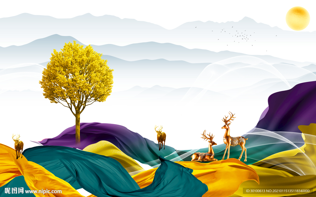 现代 背景墙山水画 TIF分层