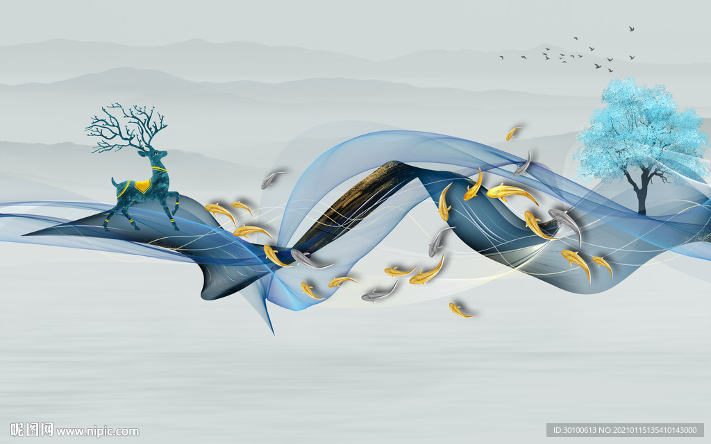 蓝色背景墙山水画 TIF分层