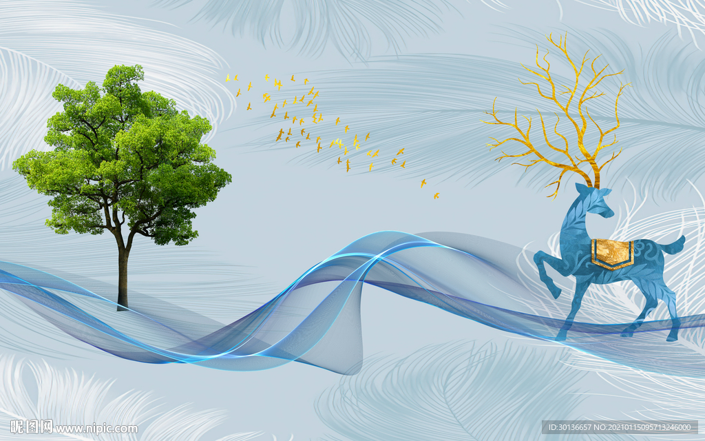 麋鹿 中式意境山水 TIF分层