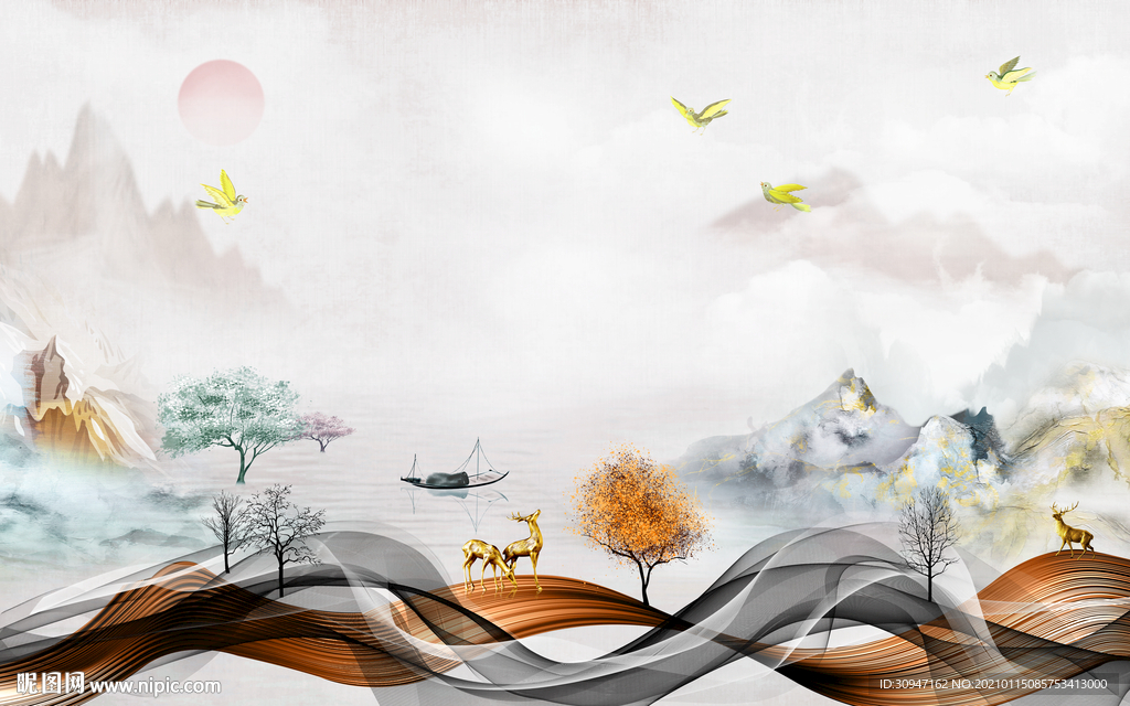 爆款 现代新款山水 TIF分层