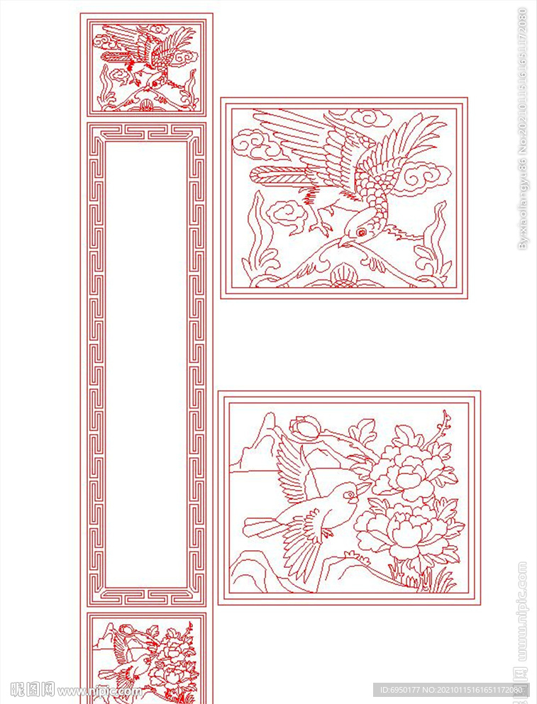 线雕花鸟牡丹花喜鹊精雕图单线图