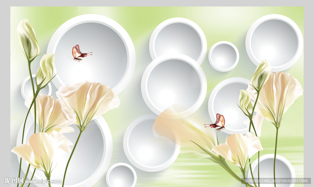 百合花3D圆圈电视背景墙