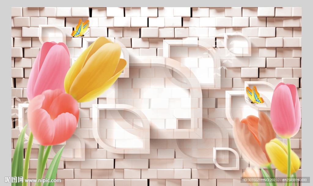 3D立体圆圈郁金香花朵电视背景