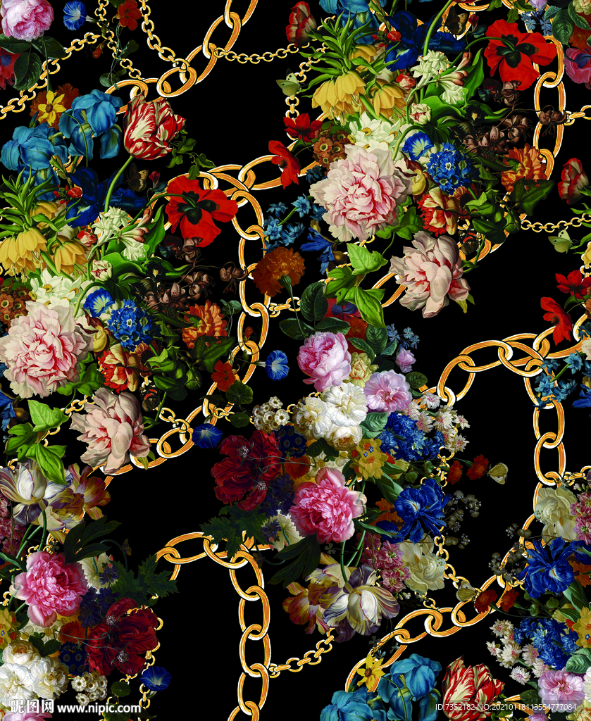 油画花 金链子 四方连续