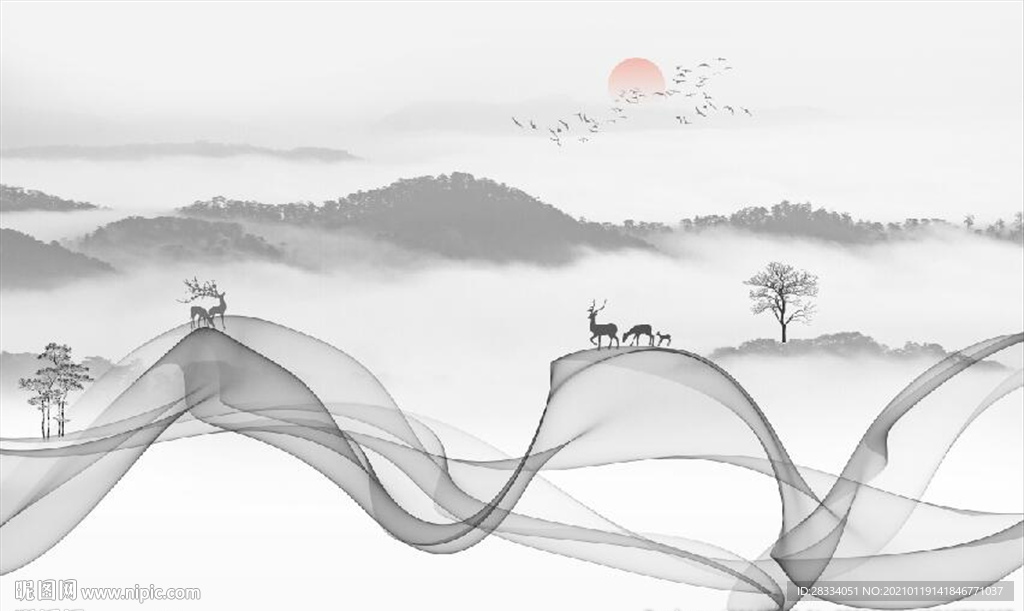 新中式抽象水墨麋鹿山水背景墙