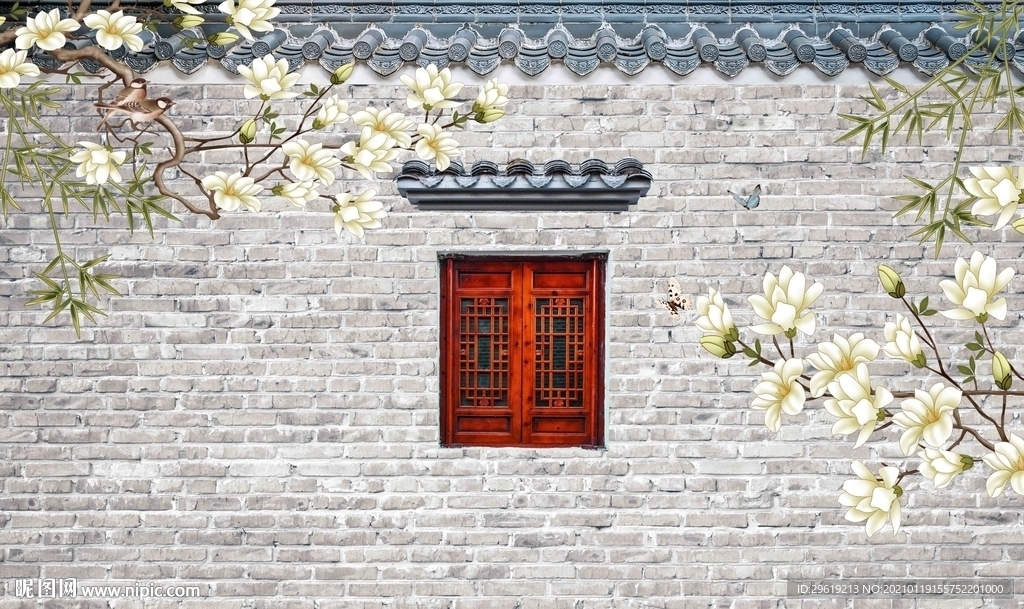 新中式复古砖墙意境玉兰花鸟背