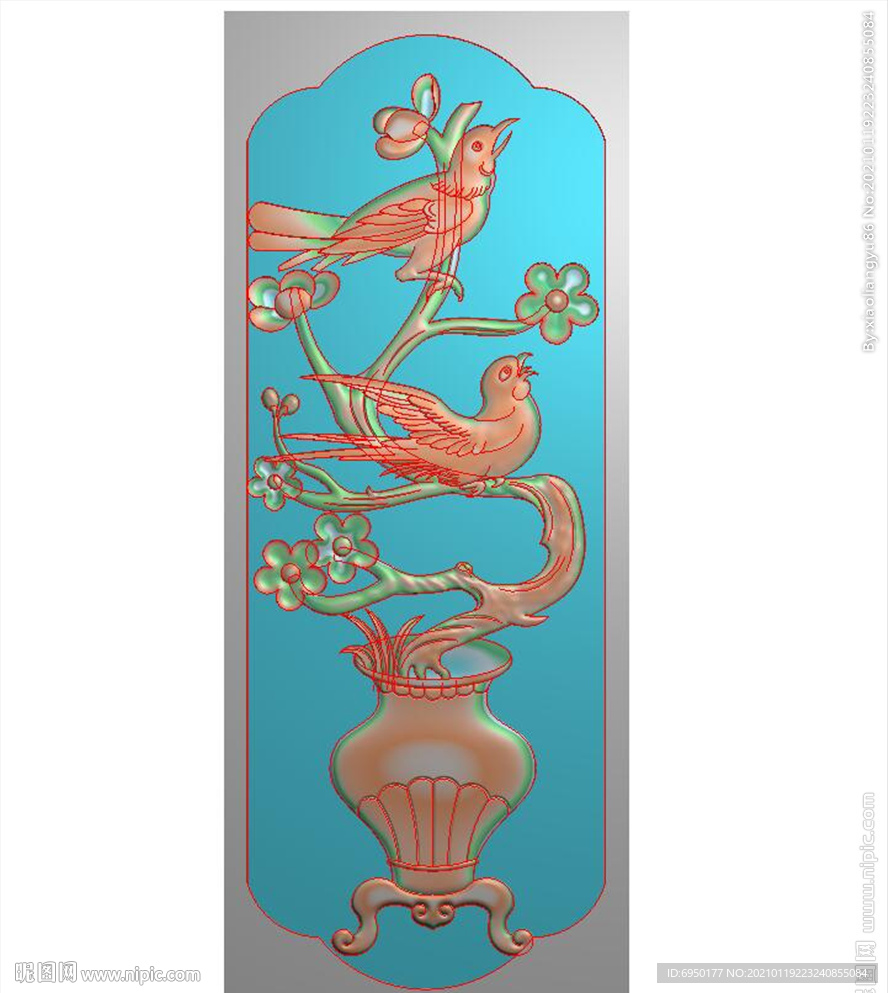 梅花鸟花瓶门板精雕图浮雕图灰度