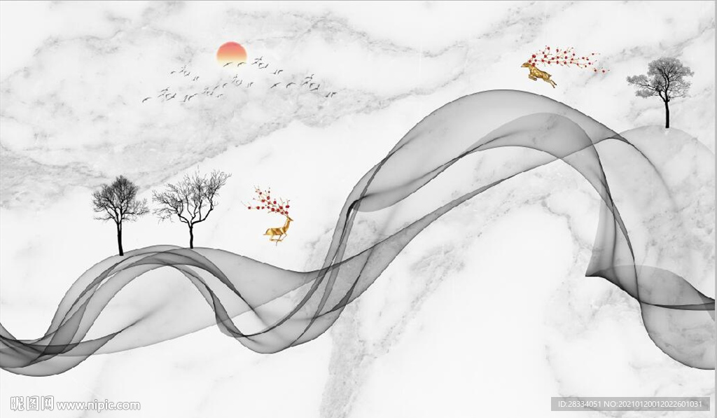 新中式抽象水墨麋鹿山水背景墙