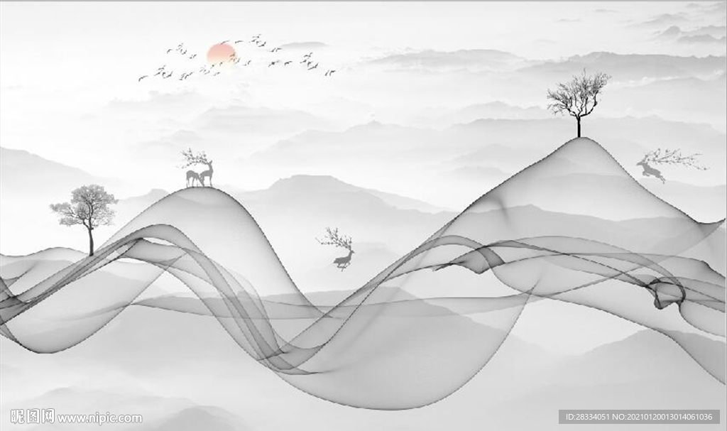 新中式抽象水墨麋鹿山水背景墙