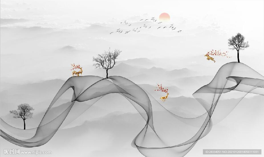 新中式抽象水墨麋鹿山水背景墙