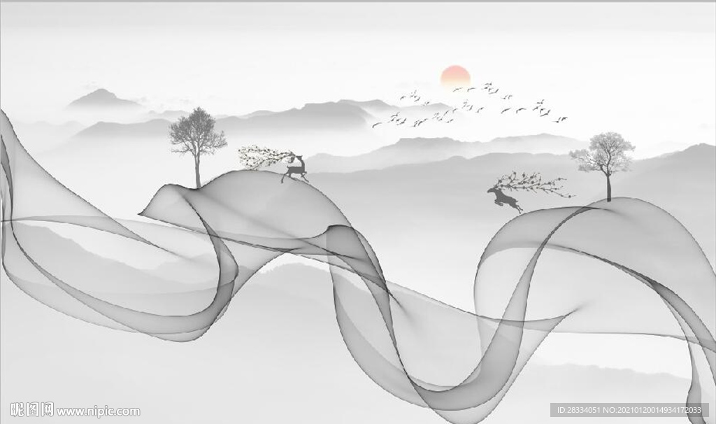 新中式抽象水墨麋鹿山水背景墙