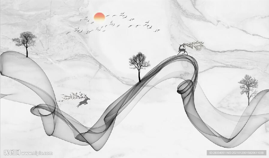 新中式抽象水墨麋鹿山水背景墙