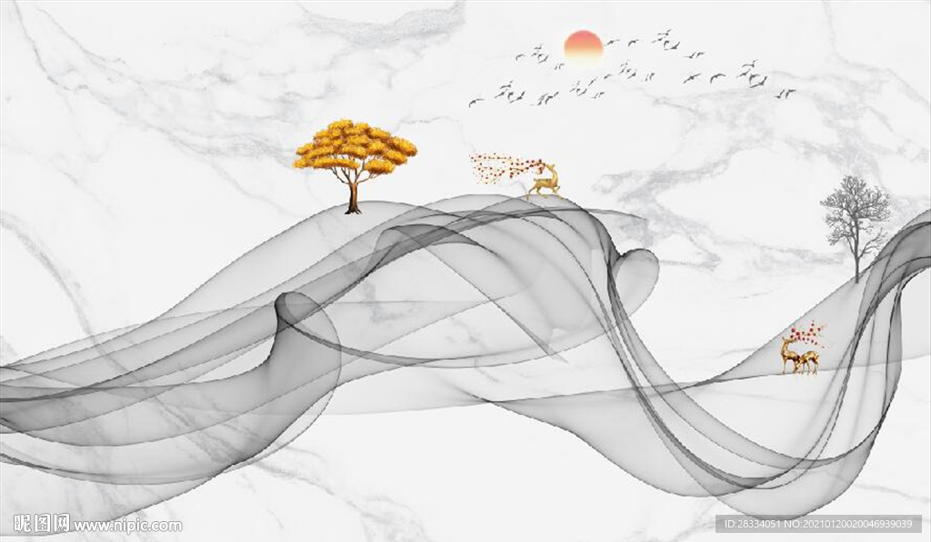 新中式抽象水墨麋鹿山水背景墙