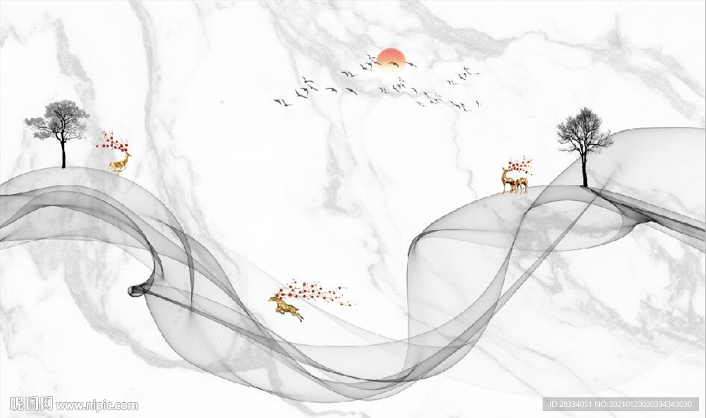 新中式抽象水墨麋鹿山水背景墙