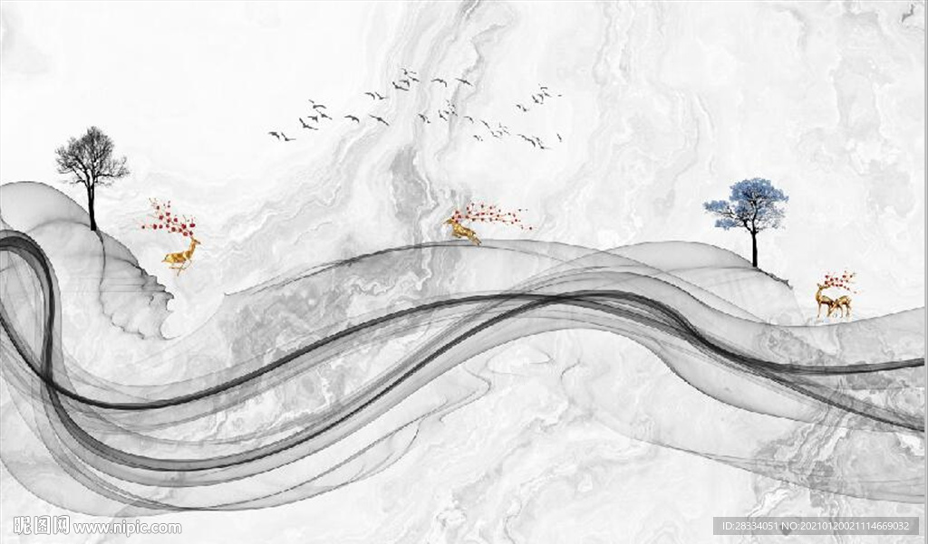 新中式抽象水墨麋鹿山水背景墙
