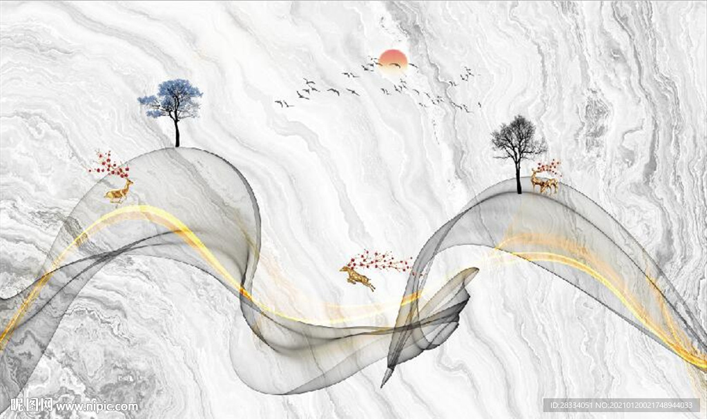 新中式抽象水墨麋鹿山水背景墙