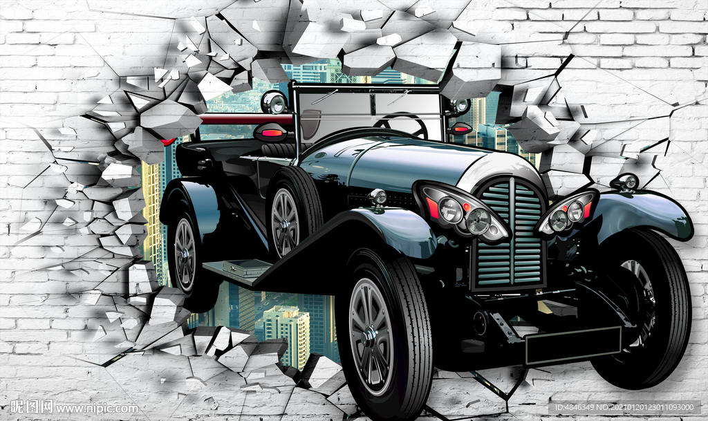 破墙老式汽车3D壁画背景墙