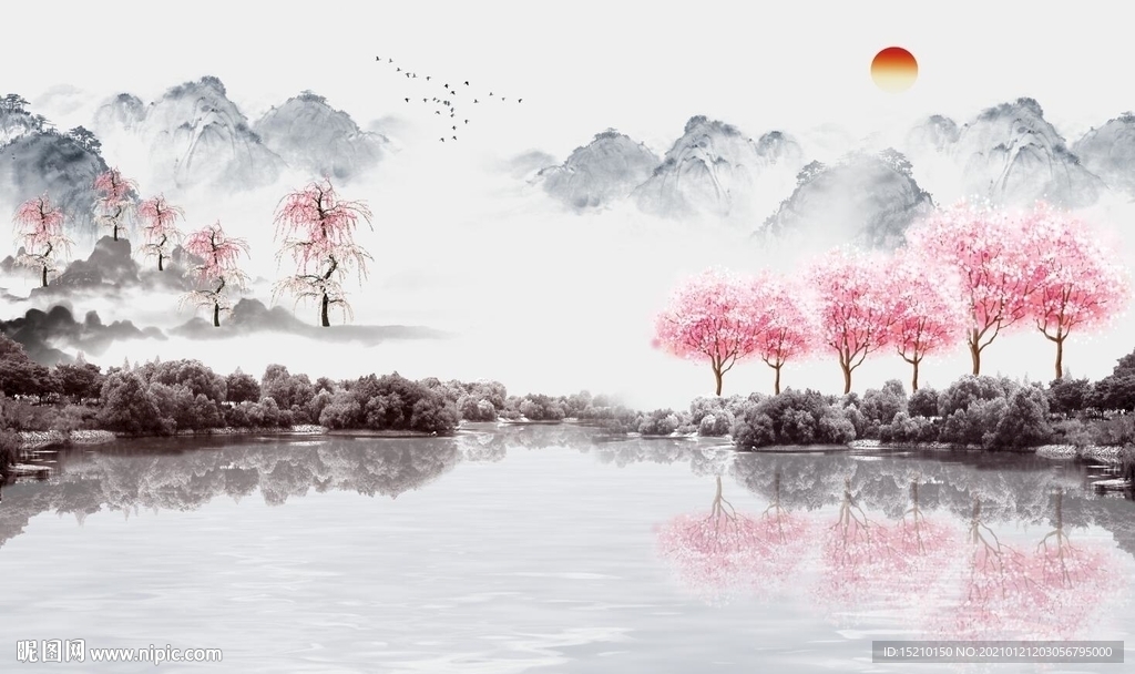 水墨山水抽象树电视背景墙