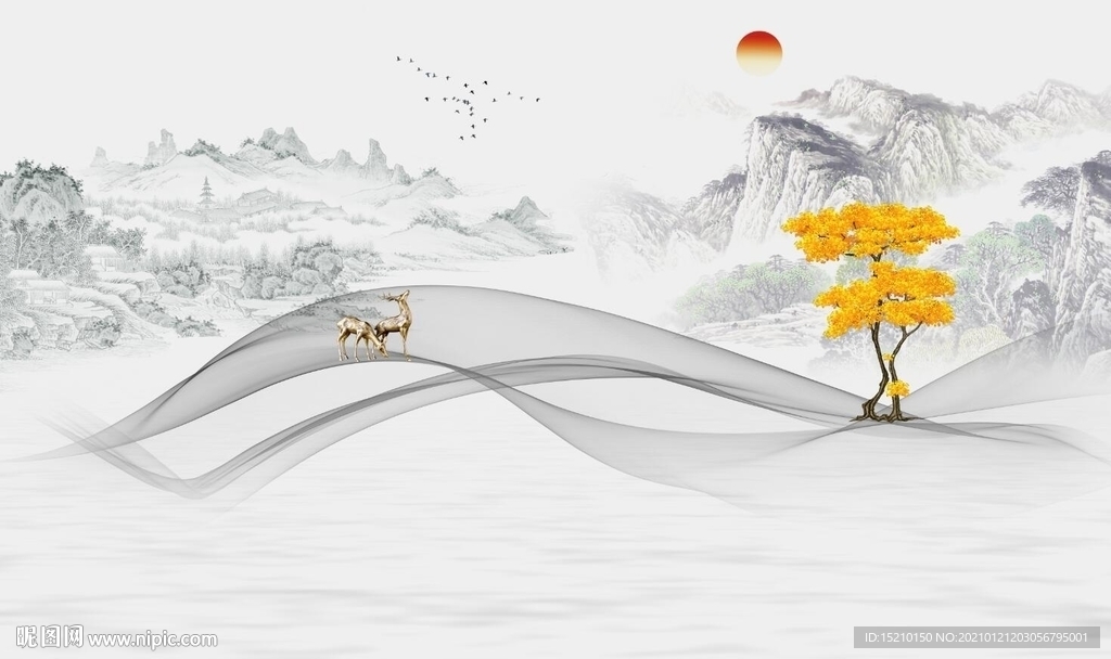 水墨山水发财树电视背景墙