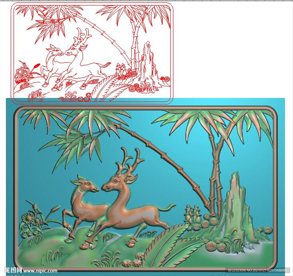 鹿竹同春梅花鹿竹子精雕图灰度图